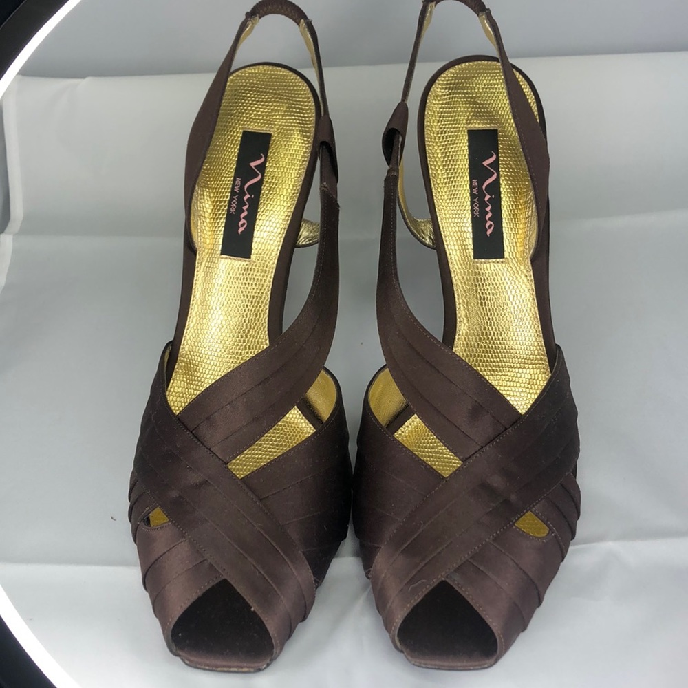 NINA Satin sling choc/brown heels - Size 10 NWOT